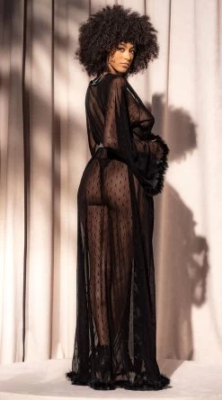 Long Dotted Mesh And Marabou Robe -Lingerie Shop ES 7483 Black Back 2023APRIL
