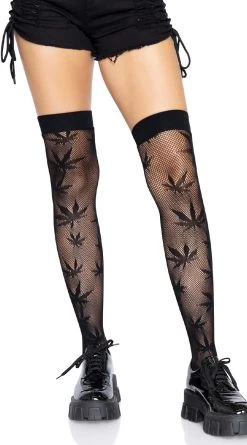 LEG AVENUE Marijuana Fishnet Thigh High Stockings -Lingerie Shop LA 6642 01 001