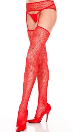 MUSIC LEGS Fishnet Thigh Highs With Garterbelt -Lingerie Shop ML 7902 SD1T9001L Red SU H2013