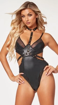 Faux Leather And Mesh Teddy And Harness Set