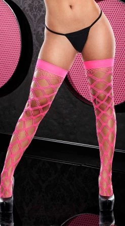 Neon Diamond Net Thigh High Stockings